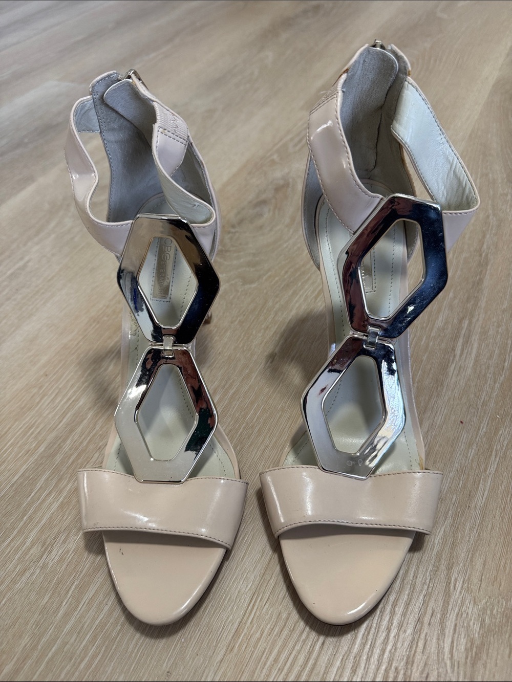 BCBGeneration Nude Patent Heeled Sandals with Silver Geometric Accents
